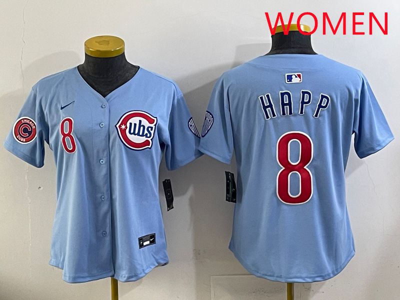 Women 2025 Chicago Cubs #8 Happ Light Blue Throwback Game Nike MLB Jersey style 2->women mlb jersey->Women Jersey